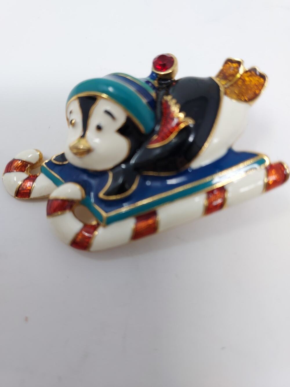 Vintage Christopher Radko Penguins Sledding Enamel Brooch Signed 2" Signed 1990s